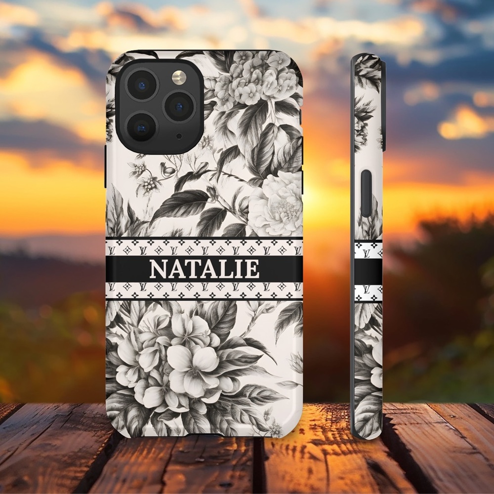2 in 1 Personalized Floralโ Black and Ivory Toile Phone Case